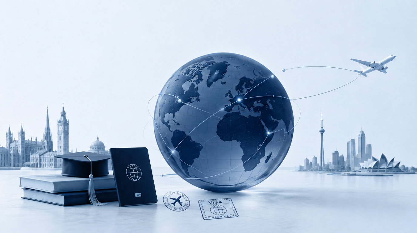 Navy-toned scene of a globe circled by a flight path, graduation cap, books, passport and world landmarks
